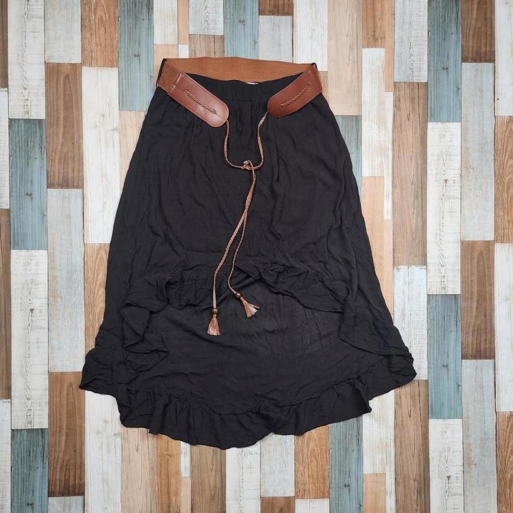 Rue21 Womens Black High Low Ruffle Skirt with Brown Tassel Belt Medium Boho